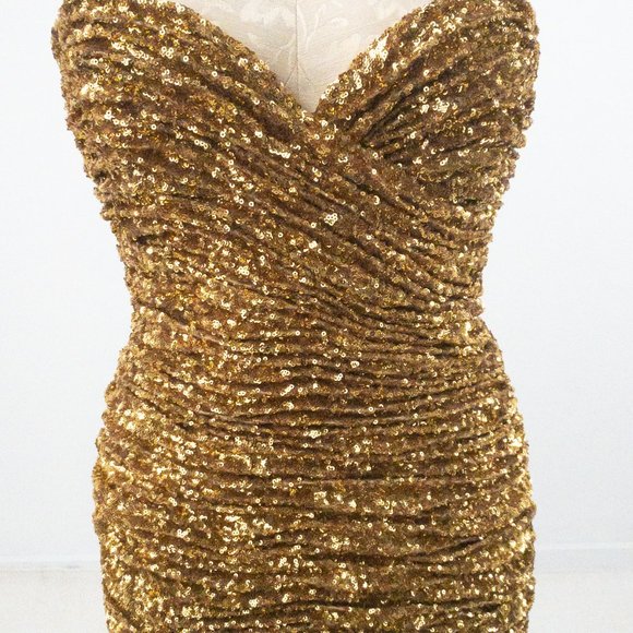 Vintage 90s SM Ruched Sequin Mini Party Dress Gold - Picture 4 of 16